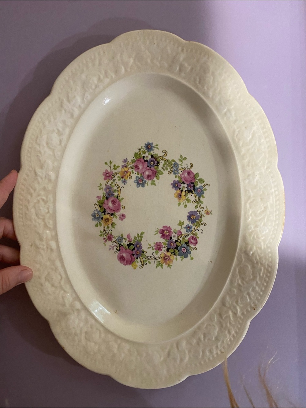Vintage Floral Cream Ceramic Serving Platter